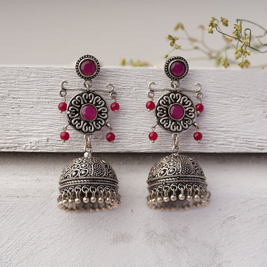 Mallika- Silver Brass Oxidised Jhumka Earrings(Red)
