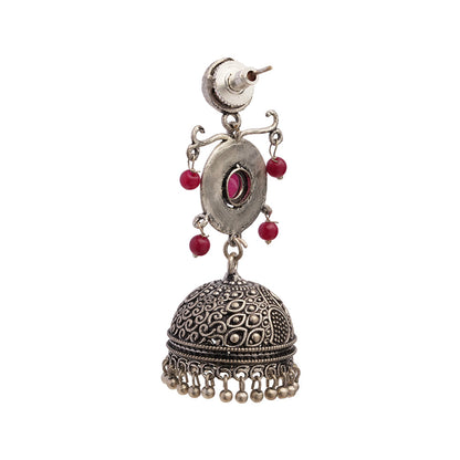 Mallika- Silver Brass Oxidised Jhumka Earrings(Red)