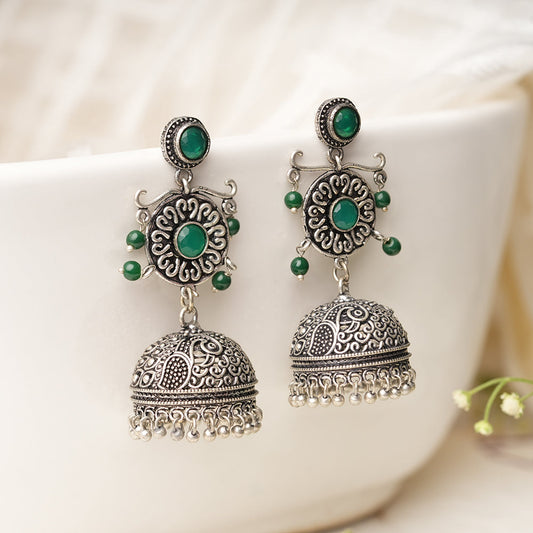 Mallika- Silver Brass Oxidised Jhumka Earrings(Green)