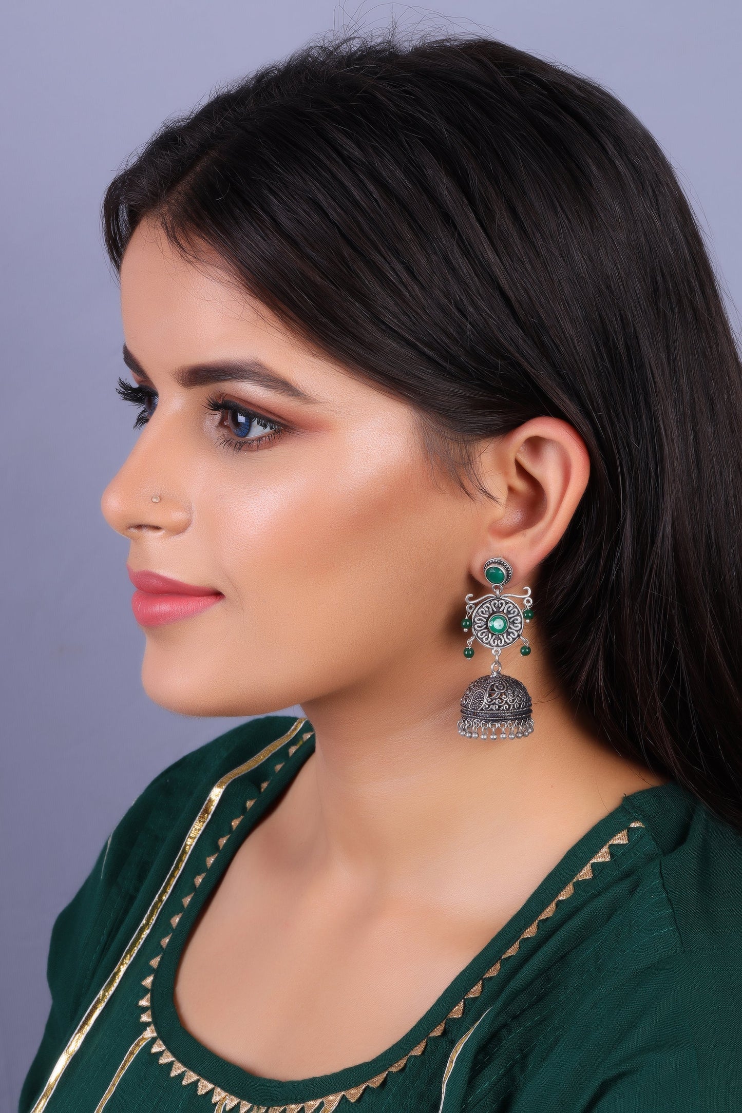 Mallika- Silver Brass Oxidised Jhumka Earrings(Green)