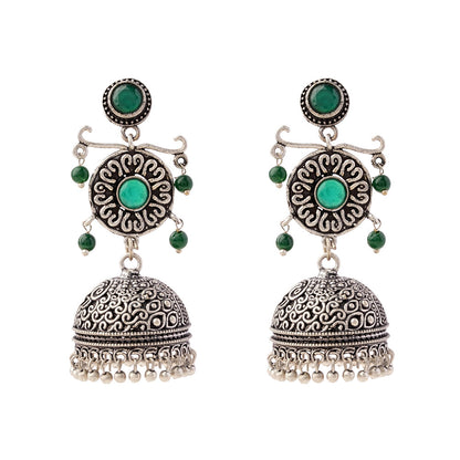 Mallika- Silver Brass Oxidised Jhumka Earrings(Green)