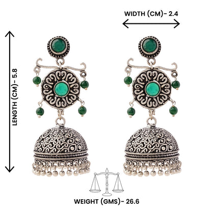 Mallika- Silver Brass Oxidised Jhumka Earrings(Green)