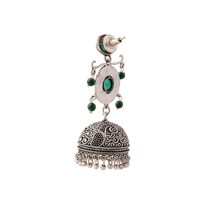 Mallika- Silver Brass Oxidised Jhumka Earrings(Green)
