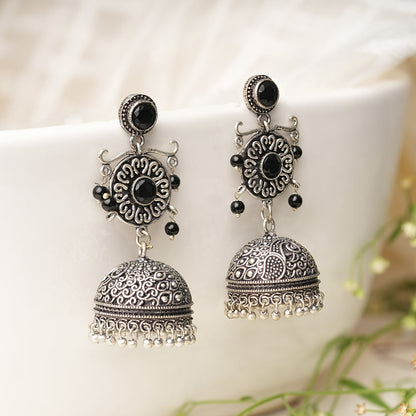 Mallika- Silver Toned Brass Jhumka Earrings