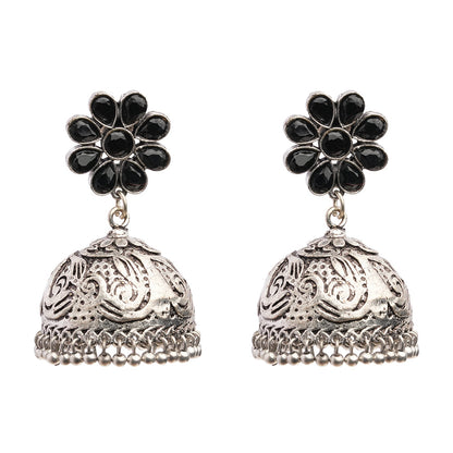 Tamira- Silver Brass Oxidised Jhumka Earrings(Black)