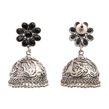 Tamira- Silver Brass Oxidised Jhumka Earrings(Black)