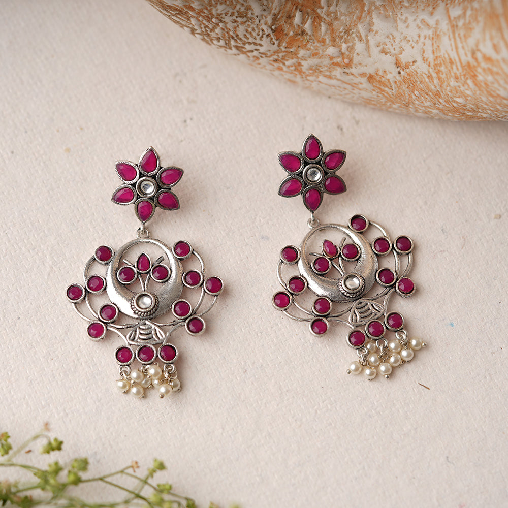 Dhaval- Silver Brass Oxidised dangler earrings(Red)