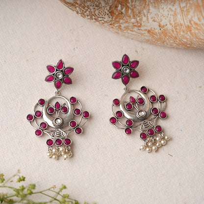 Dhaval- Silver Brass Oxidised dangler earrings(Red)