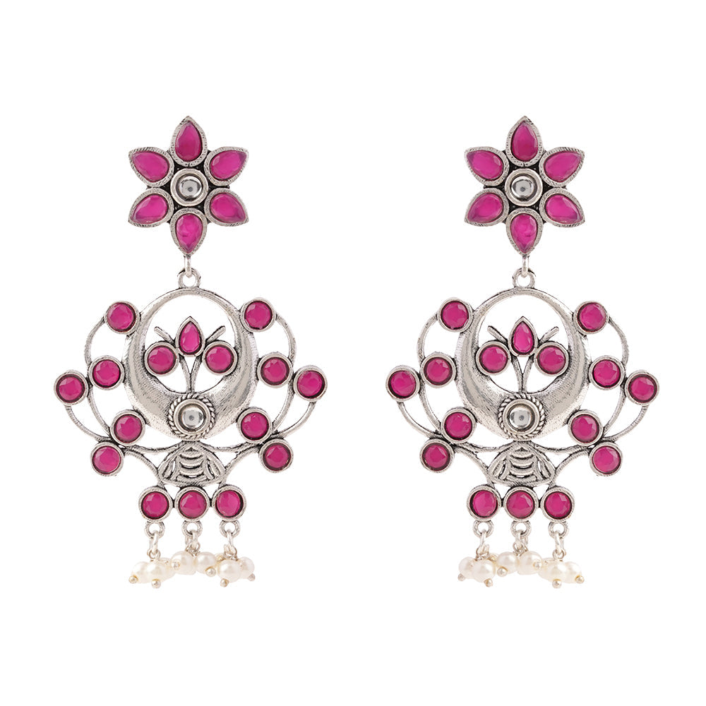 Dhaval- Silver Brass Oxidised dangler earrings(Red)