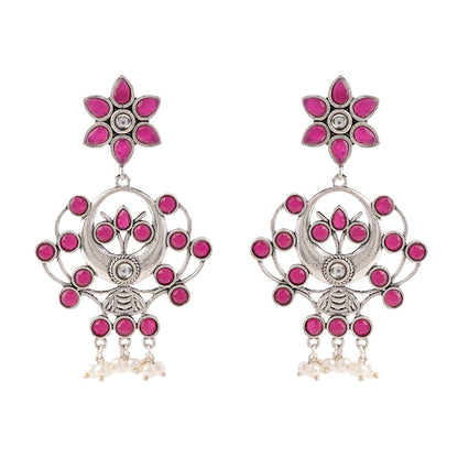 Dhaval- Silver Brass Oxidised dangler earrings(Red)