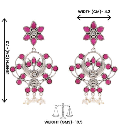 Dhaval- Silver Brass Oxidised dangler earrings(Red)