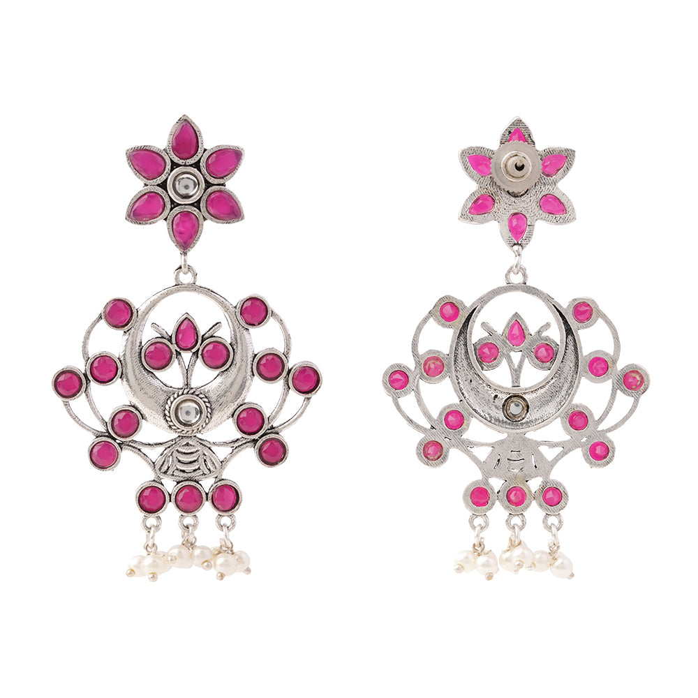 Dhaval- Silver Brass Oxidised dangler earrings(Red)
