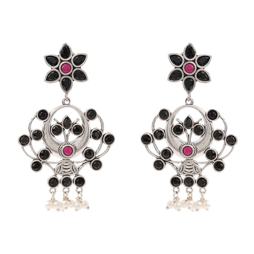 Dhaval- Silver Brass Oxidised dangler earrings(Multicolored RedBlack)
