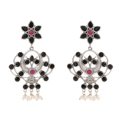 Dhaval- Silver Brass Oxidised dangler earrings(Multicolored RedBlack)