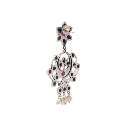 Dhaval- Silver Brass Oxidised dangler earrings(Multicolored RedBlack)