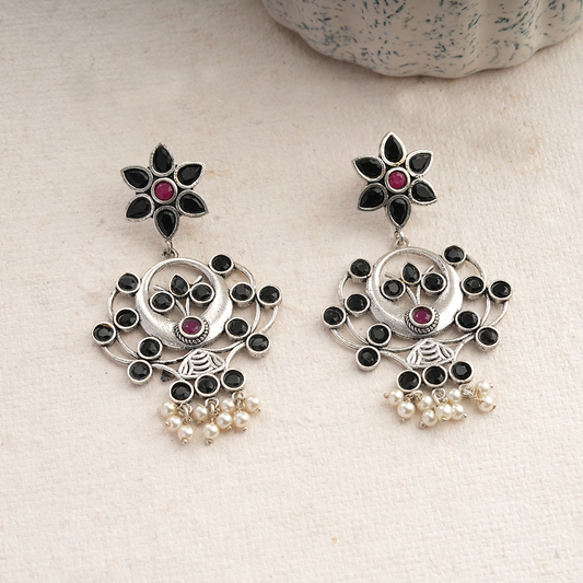 Dhaval- Silver Brass Oxidised dangler earrings(Multicolored RedBlack)