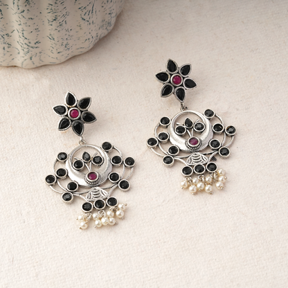 Dhaval- Silver Brass Oxidised dangler earrings(Multicolored RedBlack)