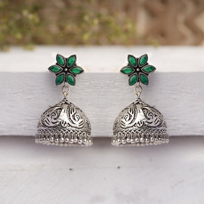 Padmika- Silver Brass Stone-Studded Jhumka Earrings(Black)