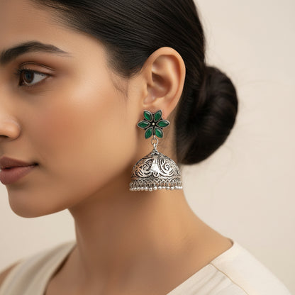 Padmika- Silver Brass Stone-Studded Jhumka Earrings(Black)