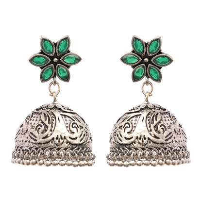 Padmika- Silver Brass Stone-Studded Jhumka Earrings(Black)