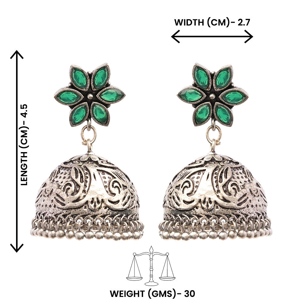 Padmika- Silver Brass Stone-Studded Jhumka Earrings(Black)