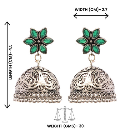 Padmika- Silver Brass Stone-Studded Jhumka Earrings(Black)