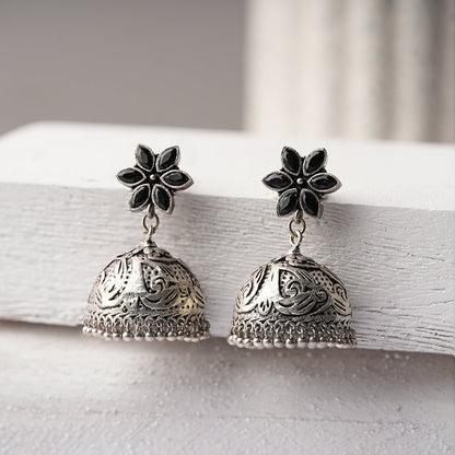 Padmika- Silver Brass Stone-Studded Jhumka Earrings(Black)