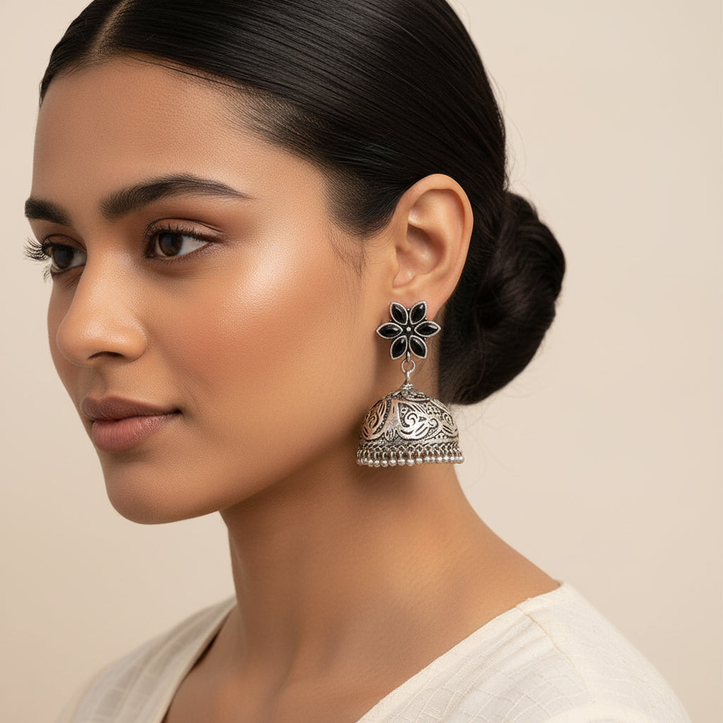 Padmika- Silver Brass Stone-Studded Jhumka Earrings(Black)