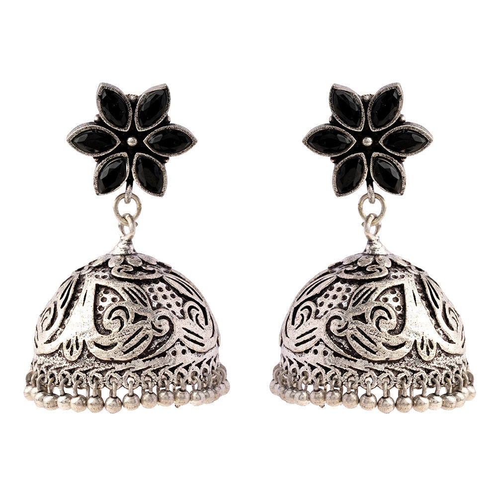 Padmika- Silver Brass Stone-Studded Jhumka Earrings(Black)