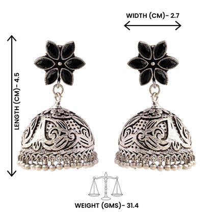 Padmika- Silver Brass Stone-Studded Jhumka Earrings(Black)
