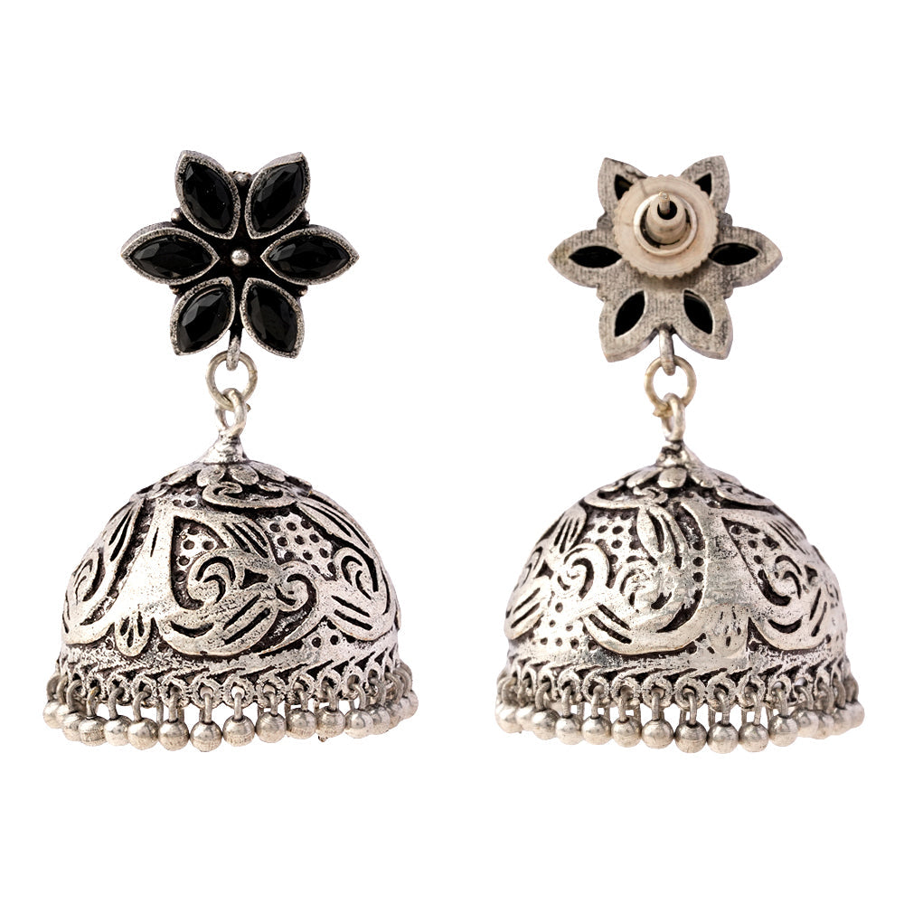 Padmika- Silver Brass Stone-Studded Jhumka Earrings(Black)