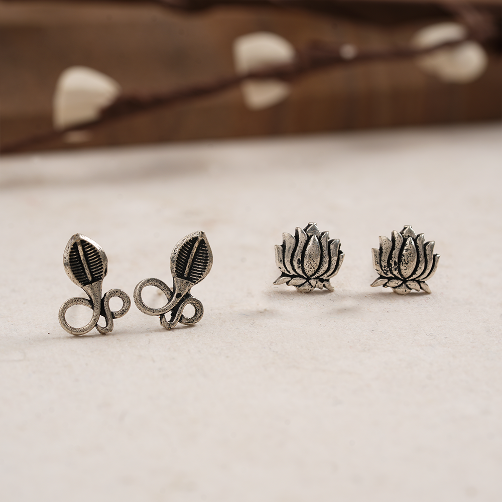 Trayi- Combo of Silver Brass Oxidised stud Earrings