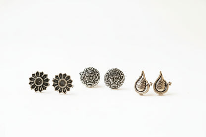 Saathiya- Combo of Silver Brass Oxidised stud Earrings