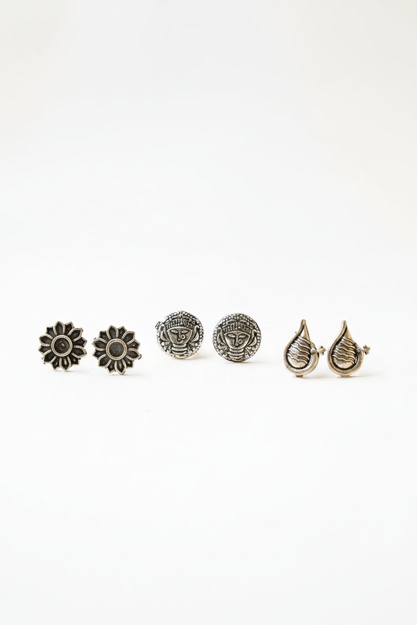 Saathiya- Combo of Silver Brass Oxidised stud Earrings