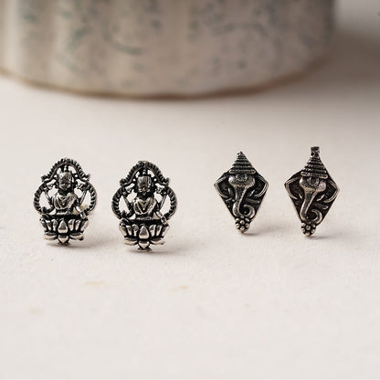 Jodini- Combo of Silver Brass Oxidised stud Earrings