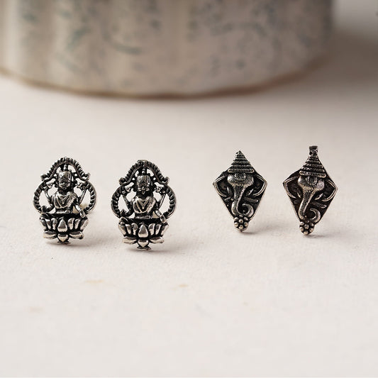 Jodini- Combo of Silver Brass Oxidised stud Earrings