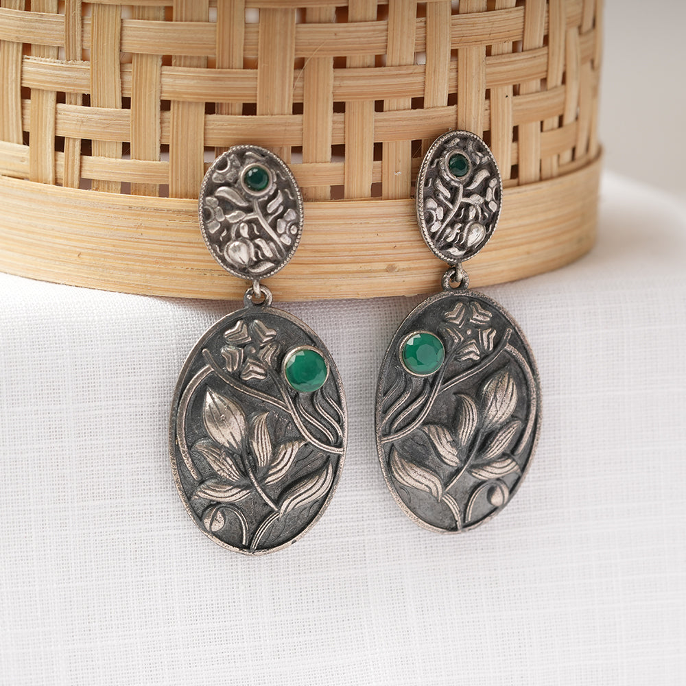 Pranalika- Silver Brass Oxidised dangler earrings
