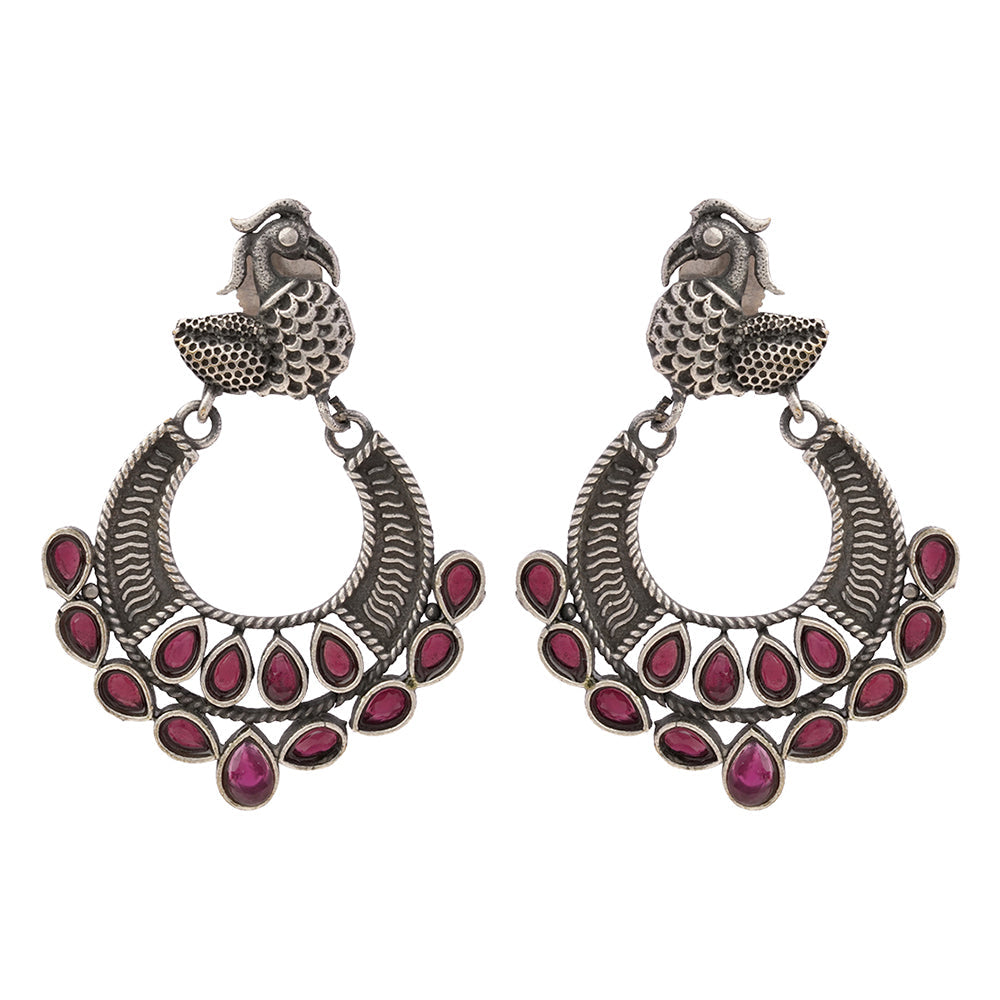ManikMor- Silver Brass Oxidised dangler earrings(Red)