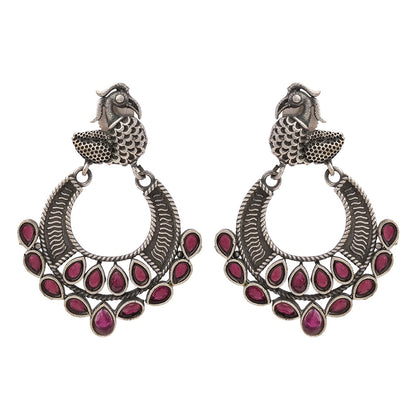 ManikMor- Silver Brass Oxidised dangler earrings(Red)
