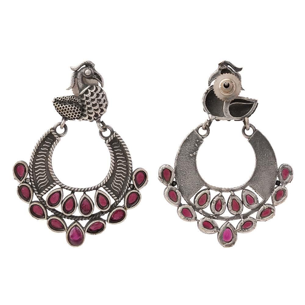 ManikMor- Silver Brass Oxidised dangler earrings(Red)