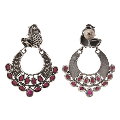 ManikMor- Silver Brass Oxidised dangler earrings(Red)