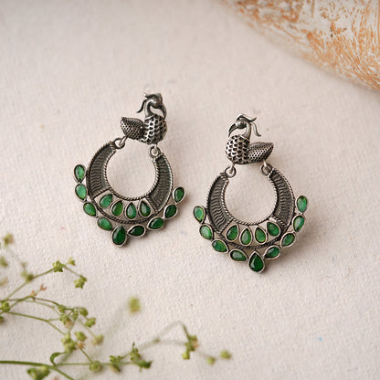 ManikMor- Silver Brass Oxidised dangler earrings(Green)