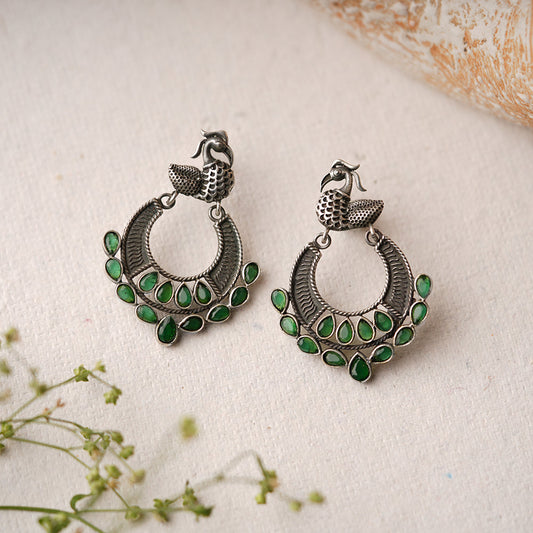 ManikMor- Silver Brass Oxidised dangler earrings(Green)