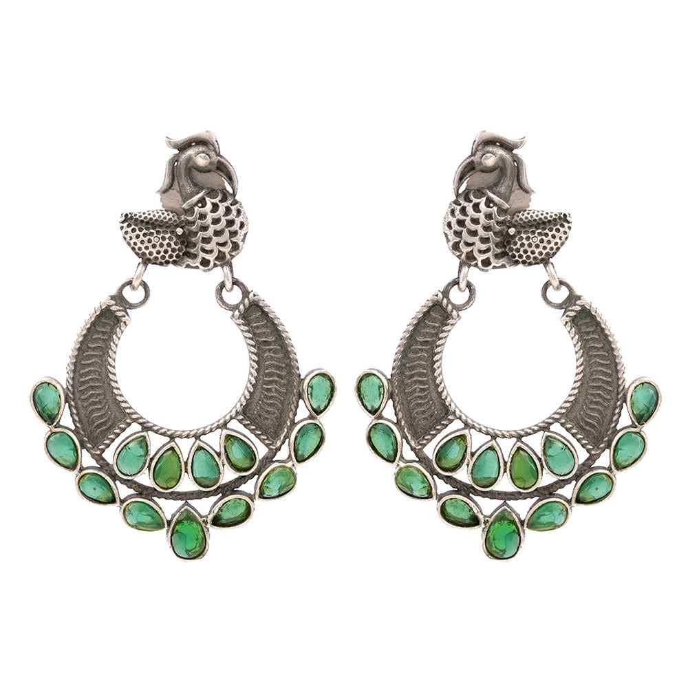 ManikMor- Silver Brass Oxidised dangler earrings(Green)