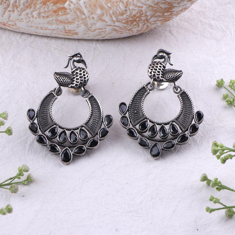 Black Stone Studded Peacock Brass Earrings
