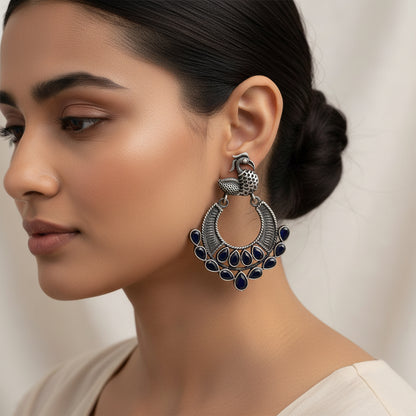 Black Stone Studded Peacock Brass Earrings