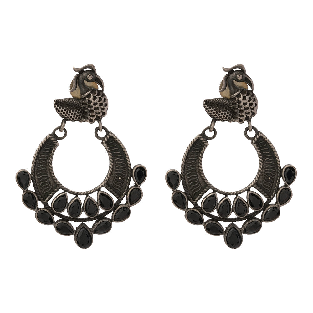 Black Stone Studded Peacock Brass Earrings