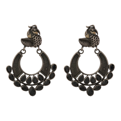 Black Stone Studded Peacock Brass Earrings