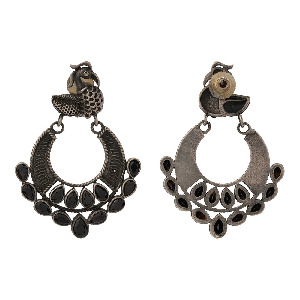 Black Stone Studded Peacock Brass Earrings