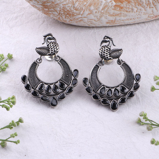 Black Stone Studded Peacock Brass Earrings